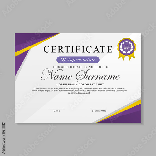 Modern certificate template design with purple and white color 