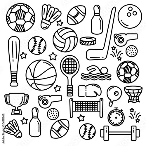 Set of sports doodle vector illustration with black and white color 