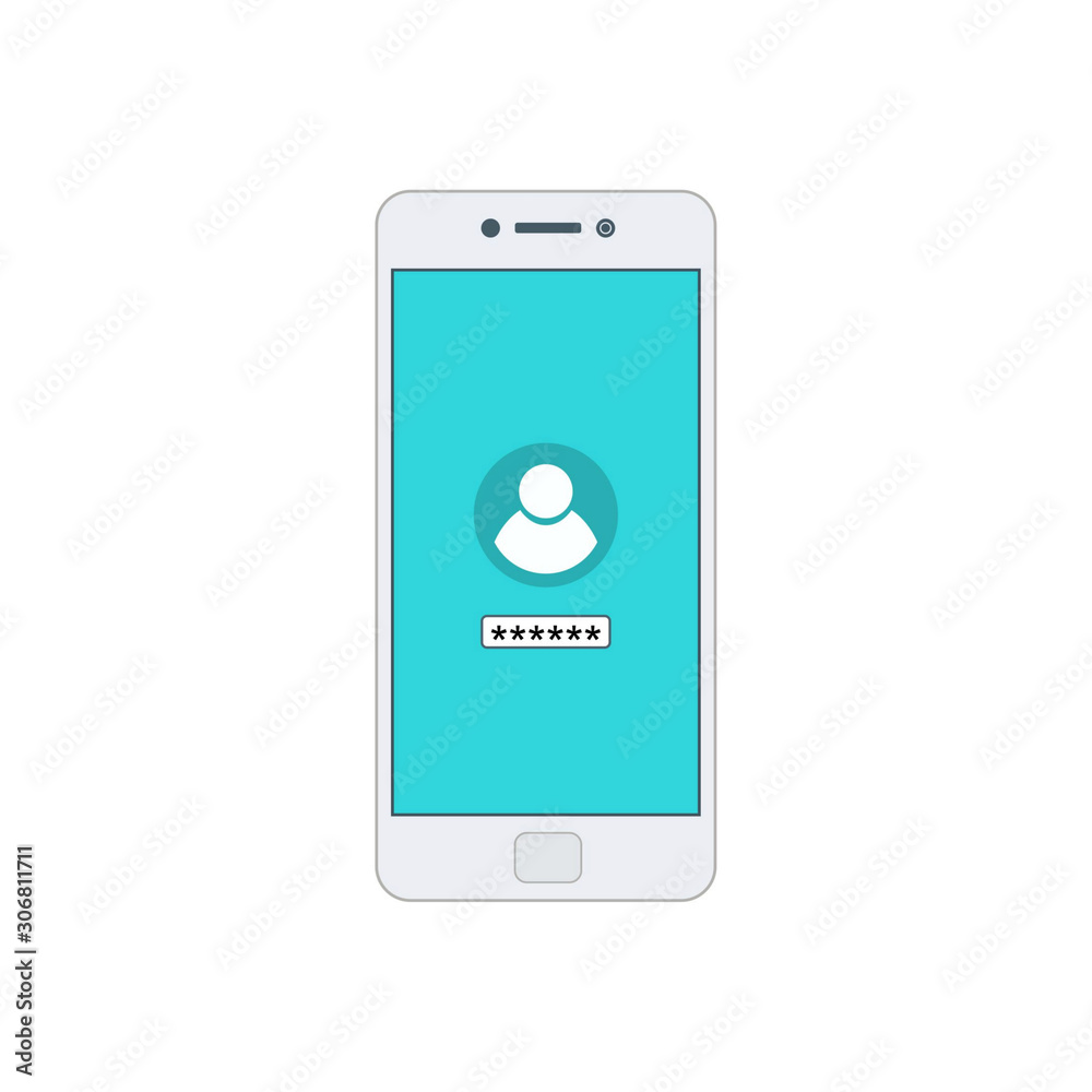 Smartphone with register now button and user icon. Internet security concept icon. Identification and protection simbol Vector Flat Illustration Icon Stock Smartphone with register now button and user icon. Internet security concept icon. Identification and protection simbol Vector Flat Illustration Icon Stock