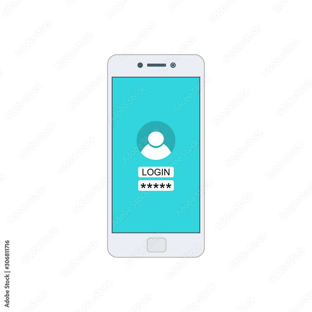 Smartphone with register now button and user icon. Internet security concept icon. Identification and protection simbol Vector Flat Illustration Icon Stock Smartphone with register now button and user icon. Internet security concept icon. Identification and protection simbol Vector Flat Illustration Icon Stock