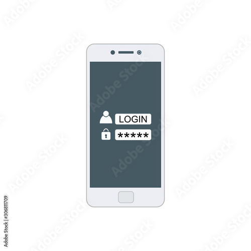 Smartphone with register now button and user icon. Internet security concept icon. Identification and protection simbol Vector Flat Illustration Icon Stock