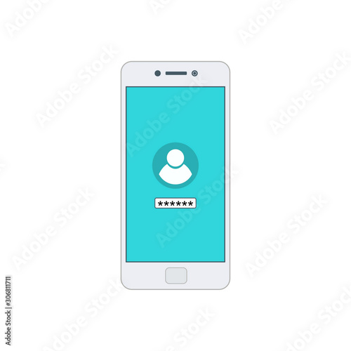 Smartphone with register now button and user icon. Internet security concept icon. Identification and protection simbol Vector Flat Illustration Icon Stock