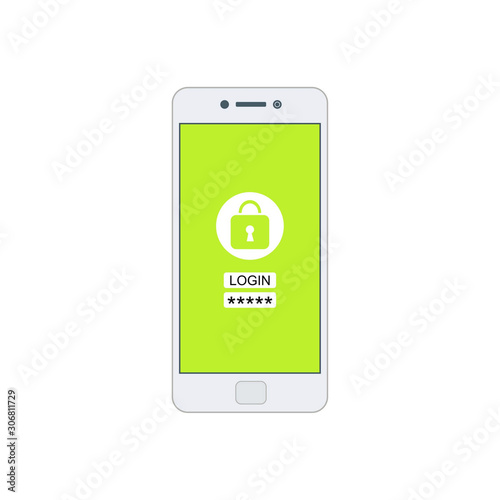 Smartphone with register now button and user icon. Internet security concept icon. Identification and protection simbol Vector Flat Illustration Icon Stock