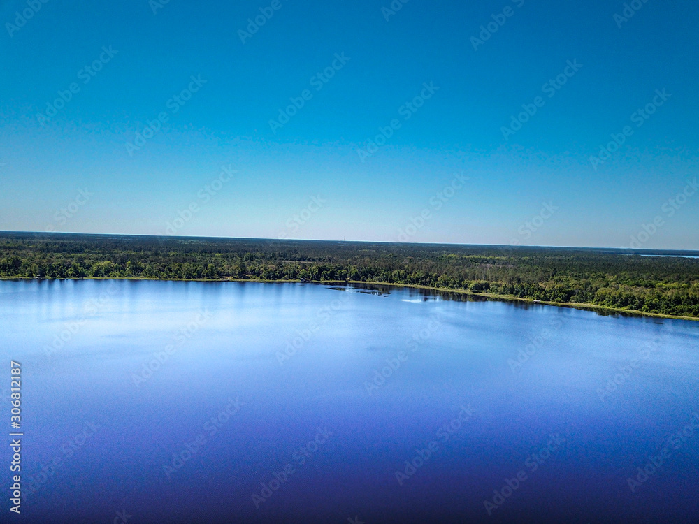 Aerial view of a lake with blue water