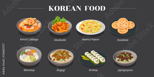 kimchi cabbage,ddukbokki,haemul pajeon,hoeddeok,bibimbap ,bulgogi,kimbap,jajangmyeon korea food menu vector graphic design
