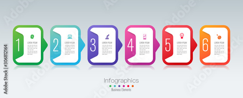Infographics design paper art style and business icons with 6 options. Use in corporate report, marketing, annual report. Network management data screen with charts, diagrams.
