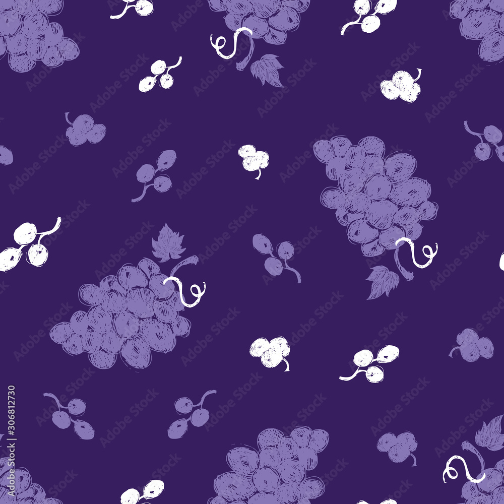 Vector purple monochrome grapes sketch illustration repeat pattern. Perfect for fabric, scrapbooking and wallpaper projects.