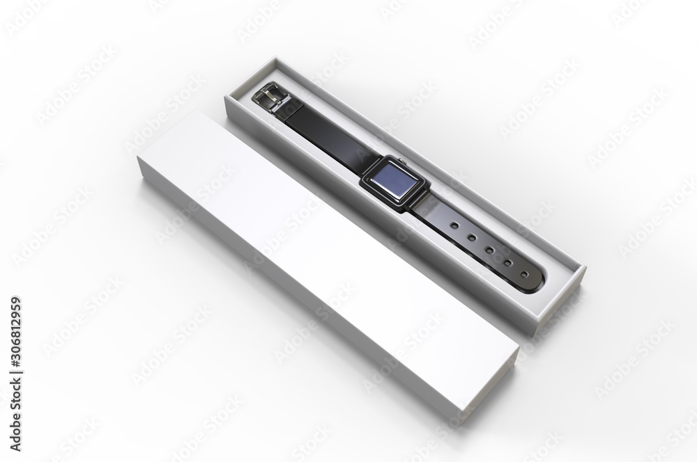 Smart watch with hard box packaging for branding and mock up. 3d render illustration. Smart watch with hard box packaging for branding and mock up. 3d render illustration.