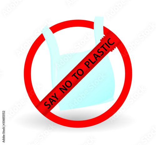 Hand stop logo on Plastic bag on white background,Say no to plastic bags,pollution problems concept.