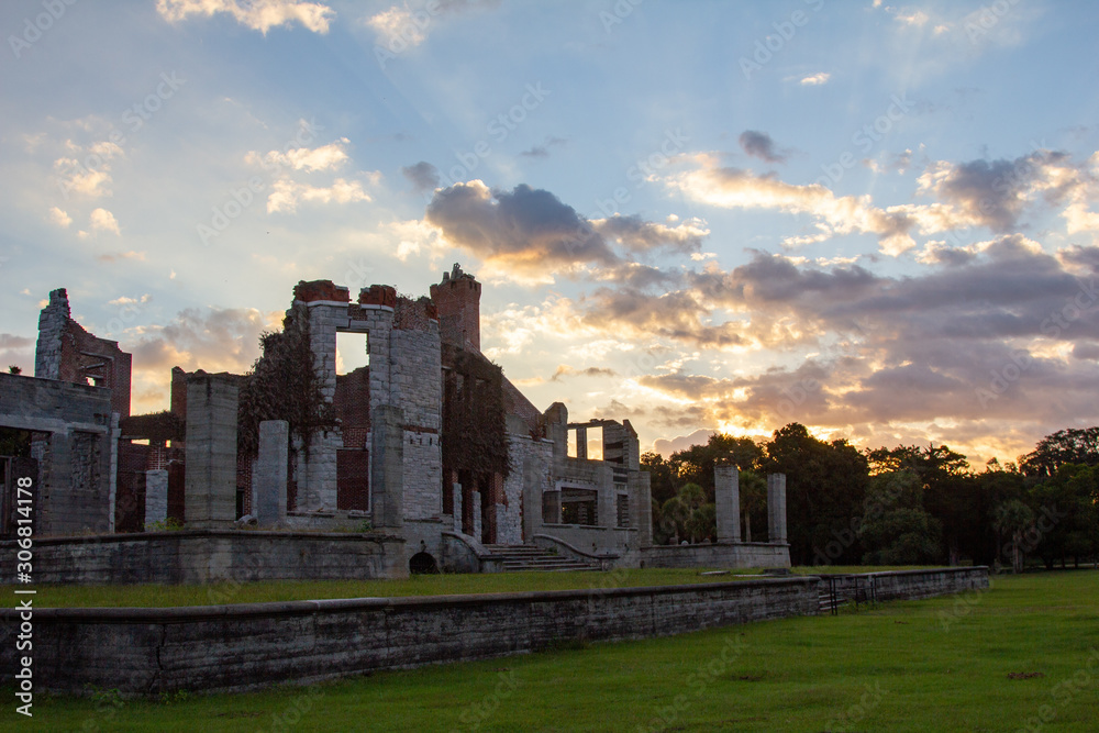 Cumberland Island Ruins with Bright Sunrise with Crepuscular Rays