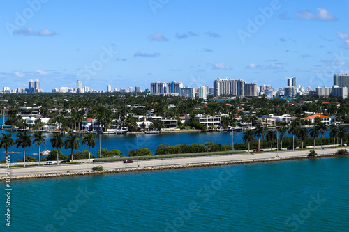 MacArthur Causeway, Palm Island and South Beach hotels and condos in South Beach, Miami, Florida.