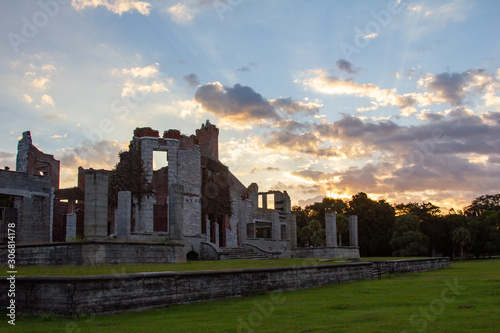 Cumberland Island Ruins with Bright Sunrise with Crepuscular Rays