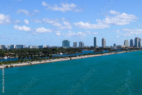 McArthur Causeway, Palm Island, Star Island and South Beach hotels and condos in South Beach, Miami, Florida.