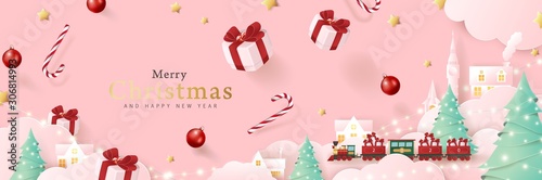 Merry christmas background composition in paper cut style. Vector illustration.