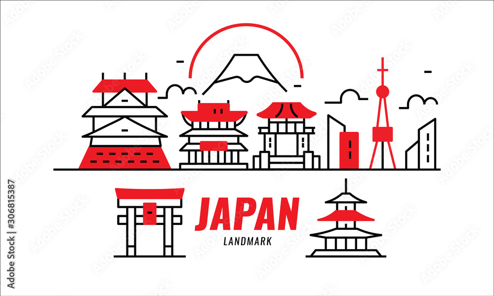 Naklejka premium Japan landmarks. Japanese landscape and History Building. Thin line design elements. vector illustration