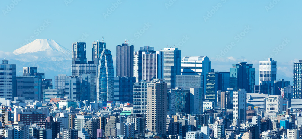 Fototapeta premium (東京都-風景パノラマ)青空の下の富士山と新宿ビル群1