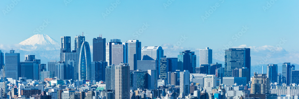 Naklejka premium (東京都-風景パノラマ)青空の下の富士山と新宿ビル群３