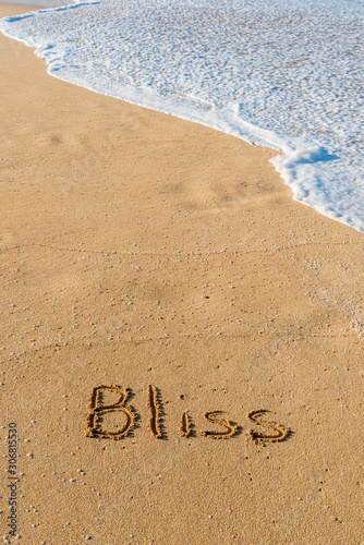 The word Bliss written in the sand on the beach with a wave washing in