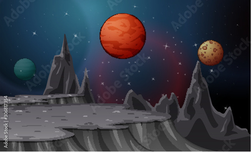 Cartoon landscape with moons and planets on starry sky