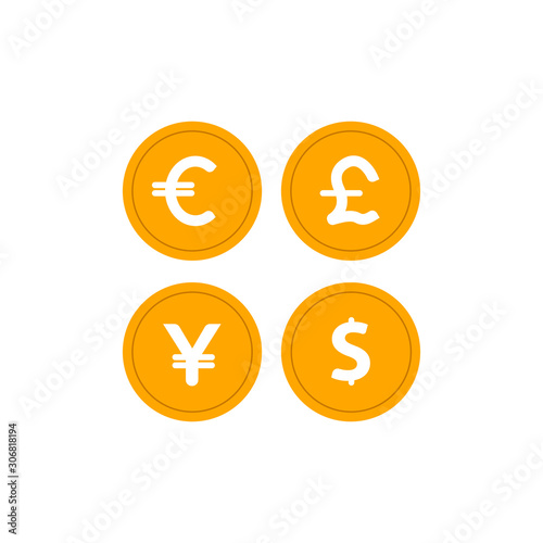 Currency icon set. Money sign. Euro, Dollar, Yen, Pound. Vector illustration. 