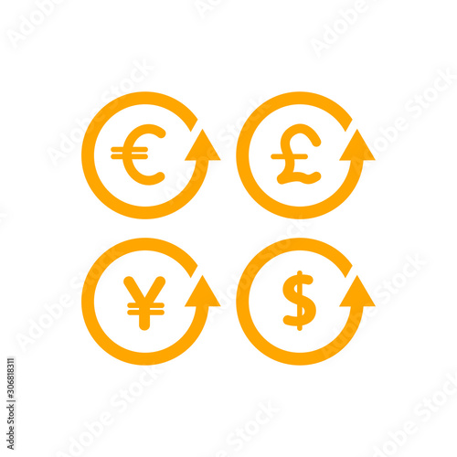 Currency icon set. Money sign. Euro  Dollar  Yen  Pound. Vector illustration. 