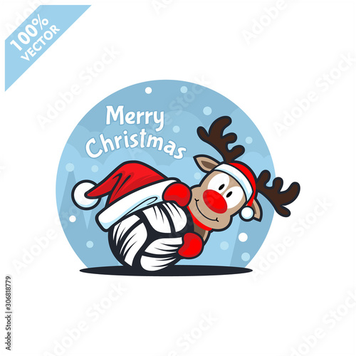Volleyball ball santa hat with cartoon christmas deer logo vector