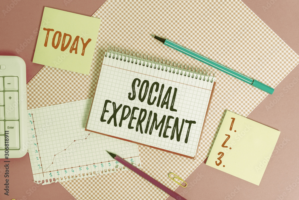 Text sign showing Social Experiment. Business photo showcasing the research project conducted with huanalysis subjects Writing equipments and computer stuffs placed above colored plain table Text sign showing Social Experiment. Business photo showcasing the research project conducted with huanalysis subjects Writing equipments and computer stuffs placed above colored plain table