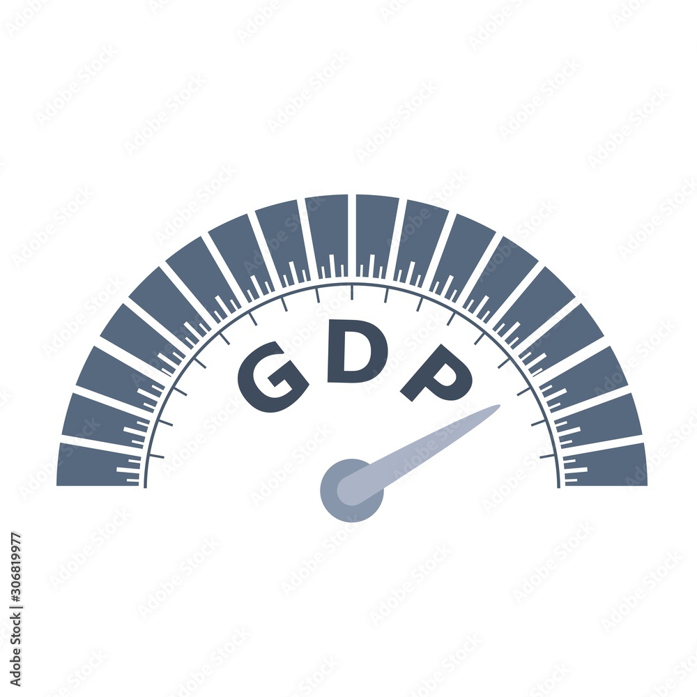GDP - Gross Domestic Product progress. Scale with arrow. The measuring device icon. Sign tachometer, speedometer, indicators. Infographic gauge element. GDP - Gross Domestic Product progress. Scale with arrow. The measuring device icon. Sign tachometer, speedometer, indicators. Infographic gauge element.
