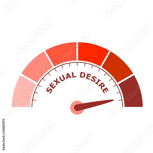 Scale with arrow. The sexual desire level measuring device icon. Sign tachometer, speedometer, indicators. Infographic gauge element.