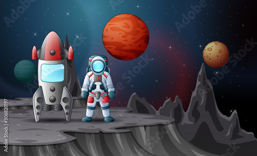 Astronaut and rocket landed on planet