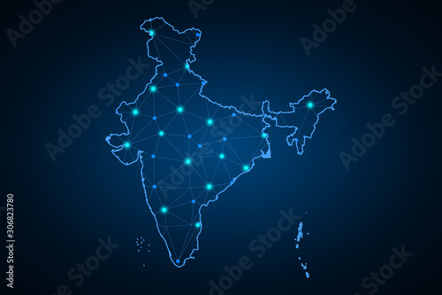Map of India. Wire frame 3D mesh polygonal network line, design sphere, dot and structure. communications map of India. Vector Illustration EPS10. - Vector