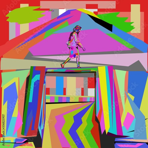 Simple design of pop art display of mountain people across the river.