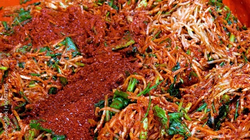 Korean food : Kimchi seasoning. It is the process of making kimchi seasoning. Mix together the ingredients for the kimchi.