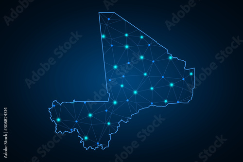 Map of Mali. Wire frame 3D mesh polygonal network line, design sphere, dot and structure. communications map of Mali. Vector Illustration EPS10. - Vector