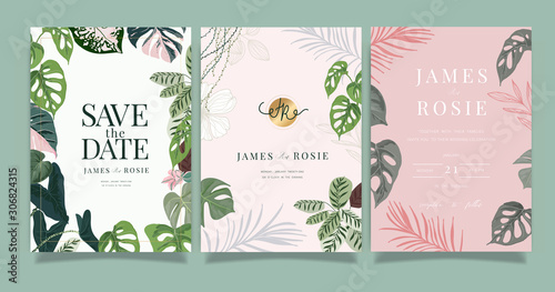 Tropical Emerald green Luxury Wedding Invitation, floral invite thank you, rsvp modern card Design in summer pink leaf and greenery branches decorative Vector elegant rustic template