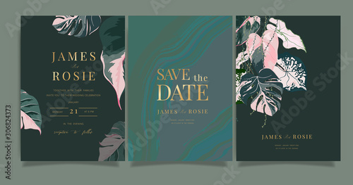 Tropical Emerald green Luxury Wedding Invitation, floral invite thank you, rsvp modern card Design in summer pink leaf and greenery branches decorative Vector elegant rustic template