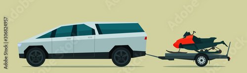 Electric SUV car tows a trailer with a snowmobile. Vector flat style illustration.