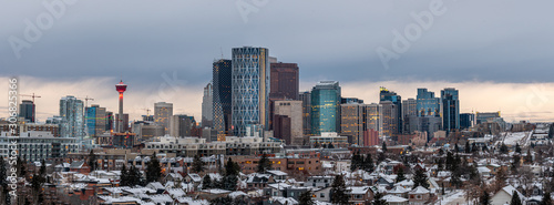 Panoramic of Calgary's skyline on a cold winter evening. 