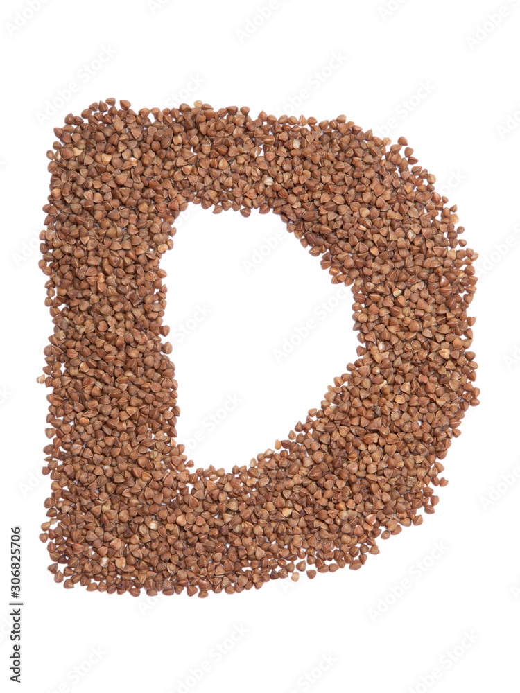 Letter D of the English alphabet from brown dry buckwheat on a white isolated background. Food pattern made from groats. Bright alphabet for shops. Buckwheat for porridge Letter D of the English alphabet from brown dry buckwheat on a white isolated background. Food pattern made from groats. Bright alphabet for shops. Buckwheat for porridge
