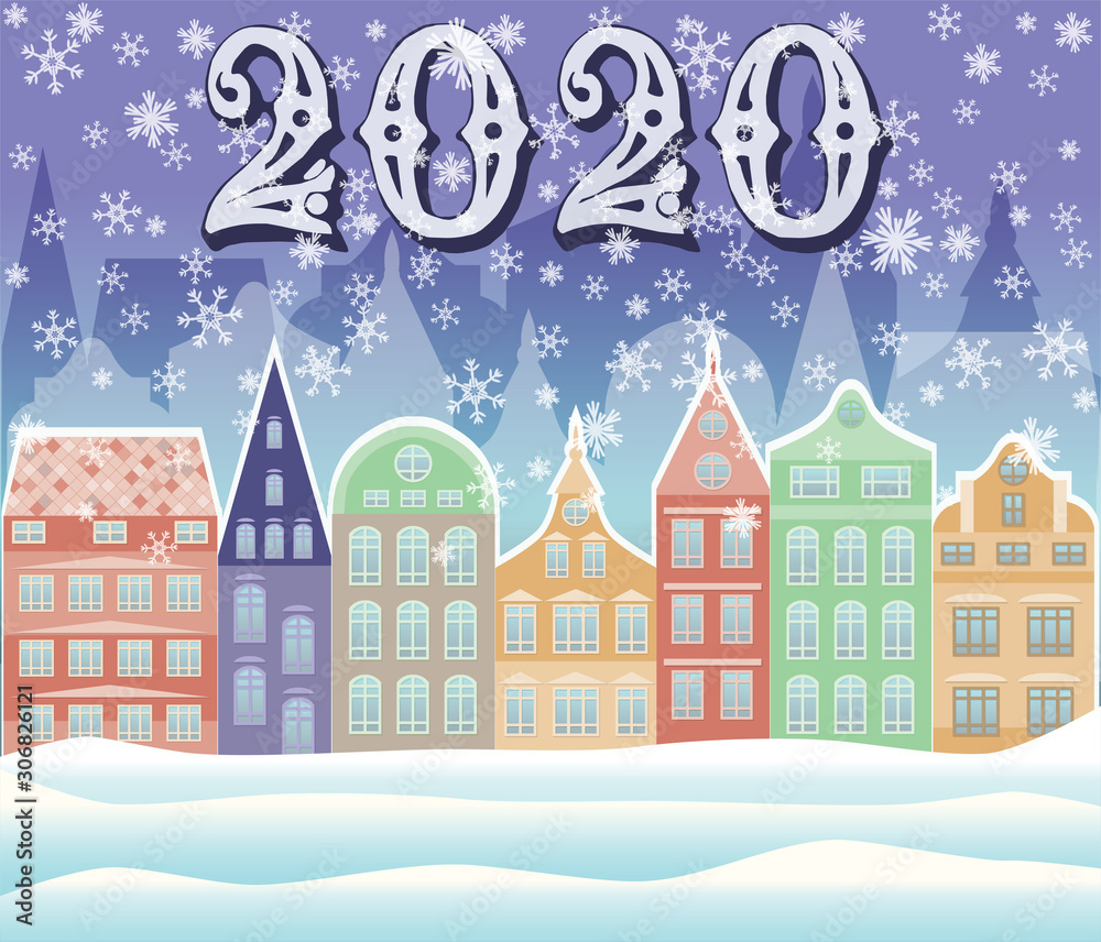 New 2020 year winter city wallpaper, vector illustration