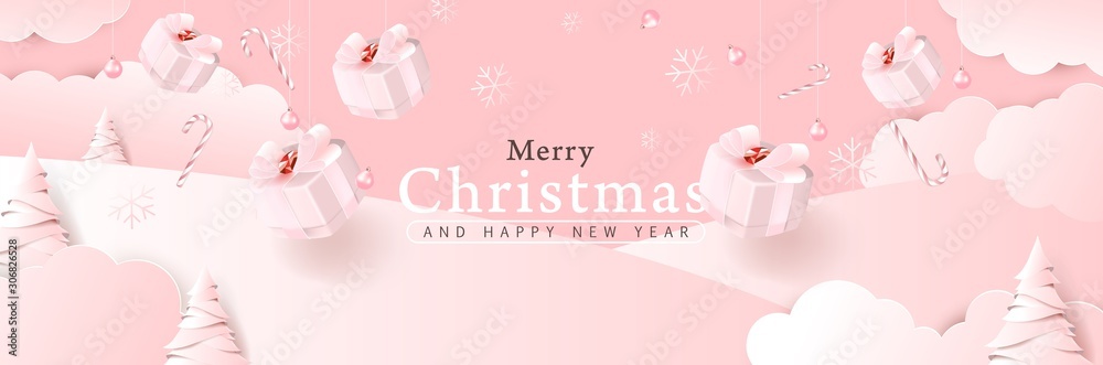 Merry christmas background composition in paper cut style color of pink. Vector illustration.