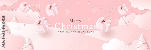 Merry christmas background composition in paper cut style color of pink. Vector illustration.