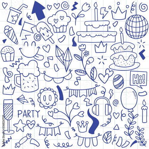 hand drawn party doodle happy birthday Ornaments background pattern Vector illustration