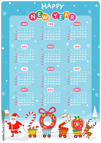 2020 twelve month calendar with christmas