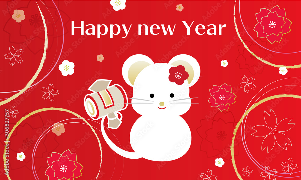 ねずみのかわいい年賀状風のイラスト3 赤とゴールド Stock Vector Adobe Stock