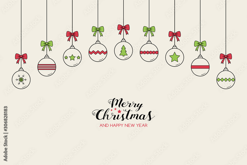 Naklejka premium Concept of Christmas background with hanging balls and wishes. Festive ornament. Vector