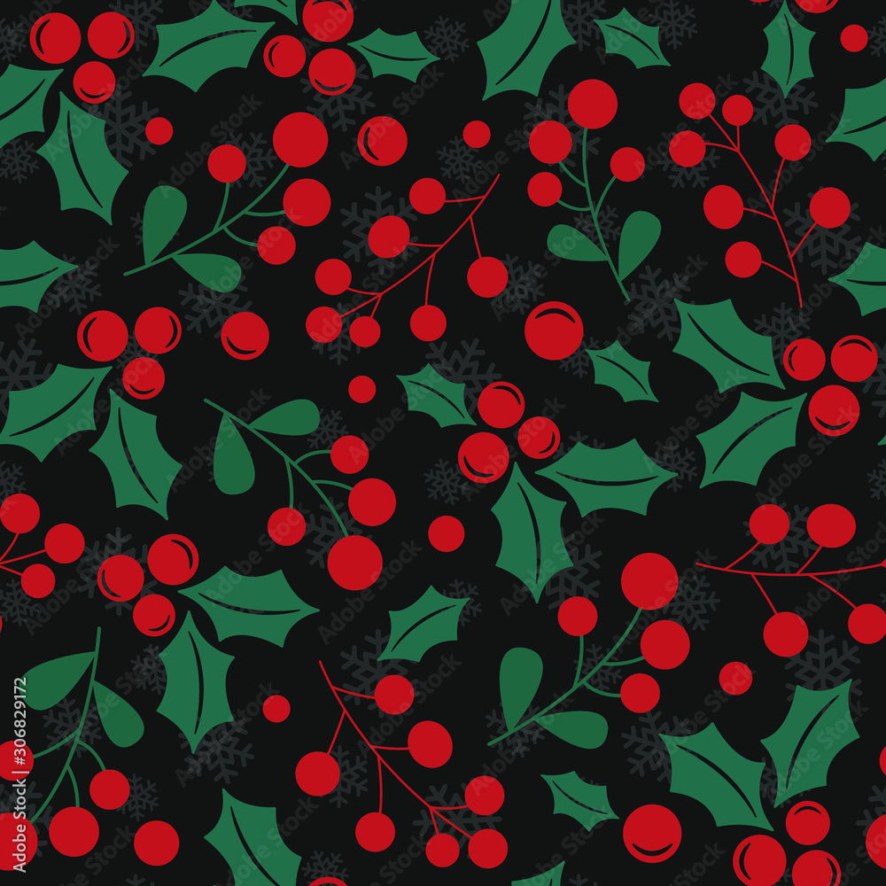 Vector seamless pattern with christmas holly berries; black background with snowflakes; Christmas design for greeting card, gift box, wallpaper, wrapping paper, fabric, web design. Vector seamless pattern with christmas holly berries; black background with snowflakes; Christmas design for greeting card, gift box, wallpaper, wrapping paper, fabric, web design.