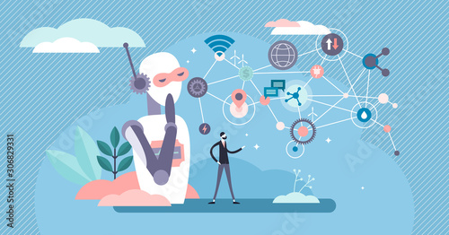 Business robot vector illustration. Flat tiny human and cyborg cooperation.