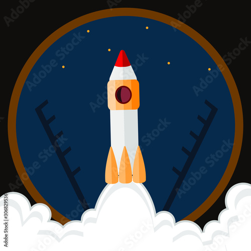 Fototapeta Naklejka Na Ścianę i Meble -  Rocket launch from Earth to space, flat design, dark background, vector