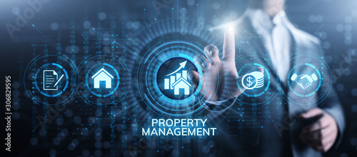 Property management Is the operation, control, and oversight of real estate. Business concept.